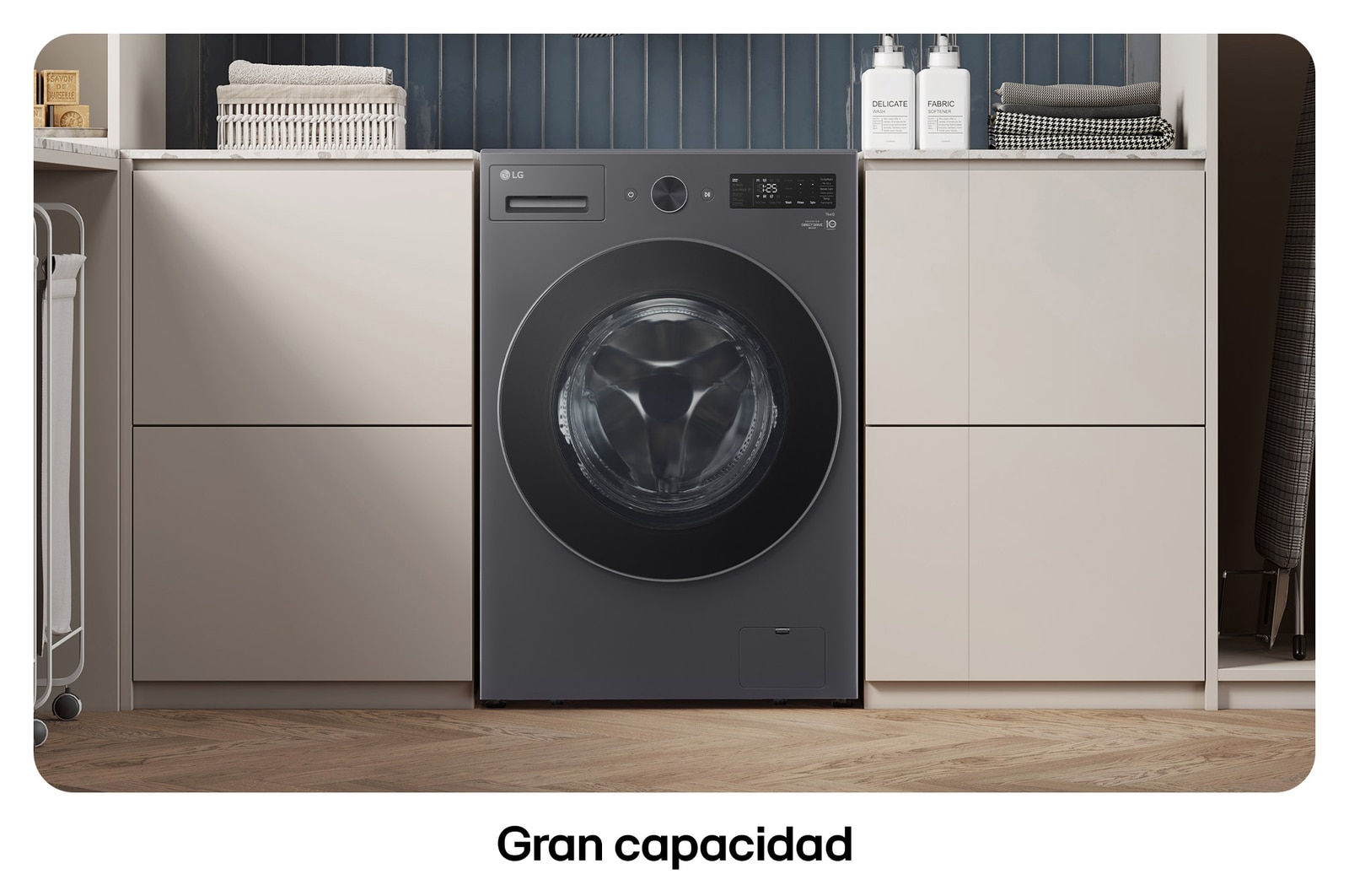 Lavadora de Carga Frontal LG WD20EGNTS6P ilustrando **Gran capacidad**: flechas visualizan el tambor interior espacioso, destacando la alta capacidad.
