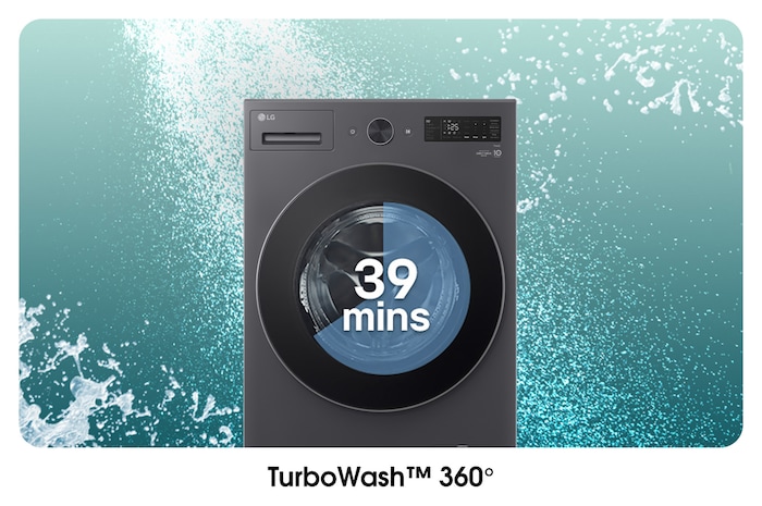 Lavadora LG WD20EGNTS6P con TurboWash™ 360°: visualización del ciclo de lavado rápido de 39 minutos con potentes chorros de agua.