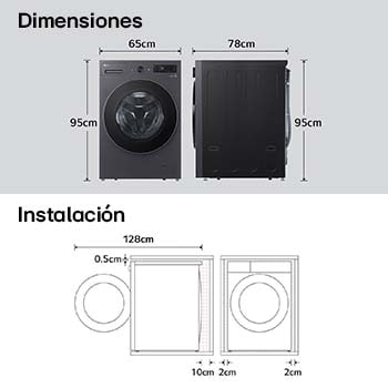 Lavadora de Carga Frontal LG dibujo técnico: medidas (Al 95 cm, An 65 cm, F 78 cm, puerta abierta 128 cm) y requisitos de instalación, incluyendo 2 cm de holgura lateral.