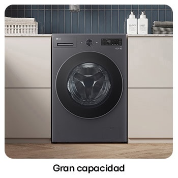 Lavadora de Carga Frontal LG WD20EGNTS6P ilustrando **Gran capacidad**: flechas visualizan el tambor interior espacioso, destacando la alta capacidad.