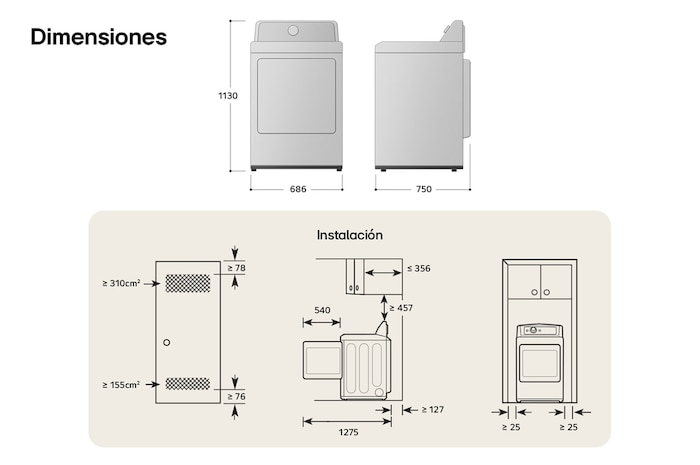 Dibujo técnico de la secadora LG DT25MTGK: A 68.6 cm, Al 113 cm, F 75 cm (puerta abierta 127.5 cm), incl. espacios de instalación.
