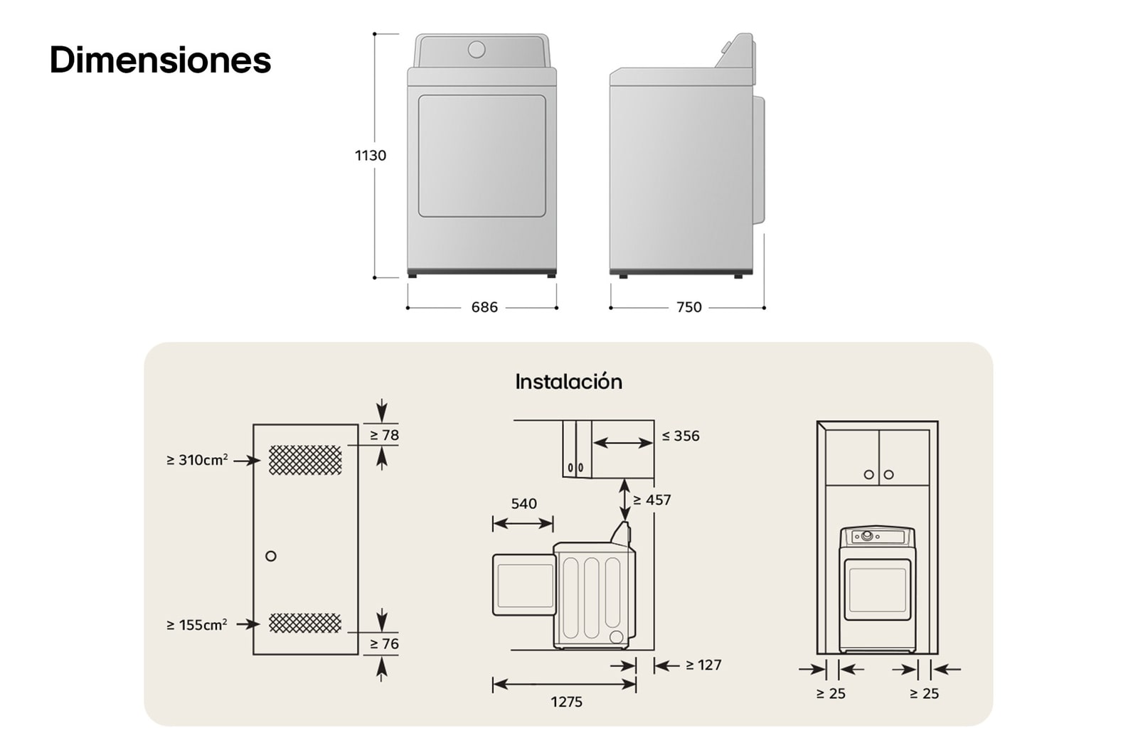 Dibujo técnico de la secadora LG DT25MTGK: A 68.6 cm, Al 113 cm, F 75 cm (puerta abierta 127.5 cm), incl. espacios de instalación.