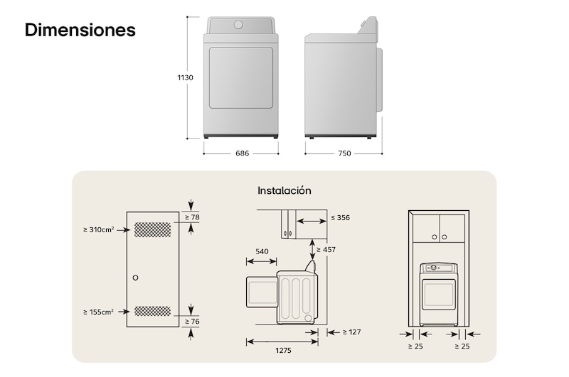 Dibujo técnico de la secadora LG DT25MTGK: A 68.6 cm, Al 113 cm, F 75 cm (puerta abierta 127.5 cm), incl. espacios de instalación.
