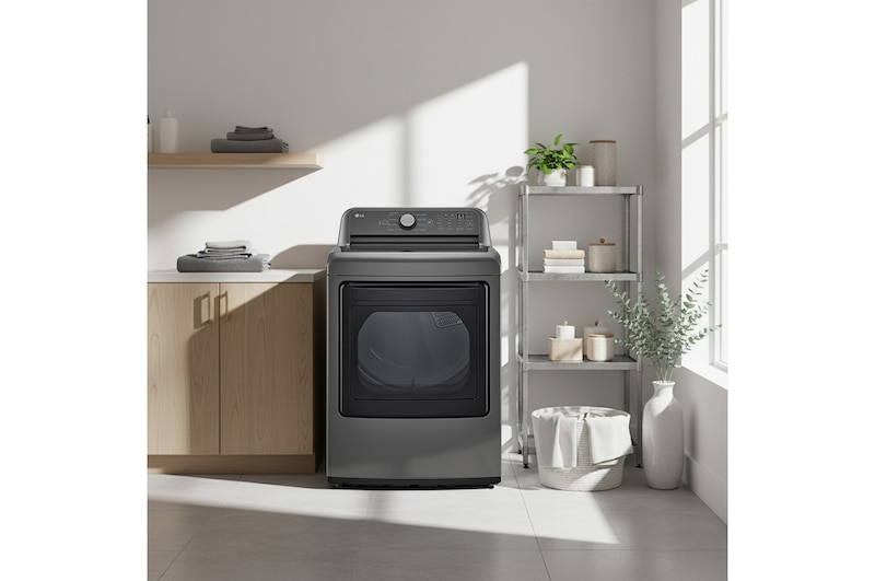 La secadora LG DT25MTGK en tono gris oscuro, instalada en un moderno y luminoso cuarto de lavado.