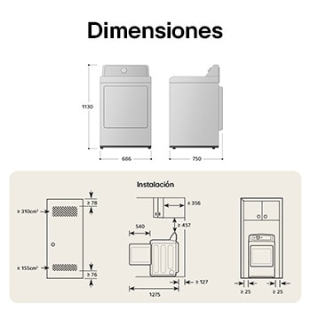 Dibujo técnico de la secadora LG DT25MTGK: A 68.6 cm, Al 113 cm, F 75 cm (puerta abierta 127.5 cm), incl. espacios de instalación.