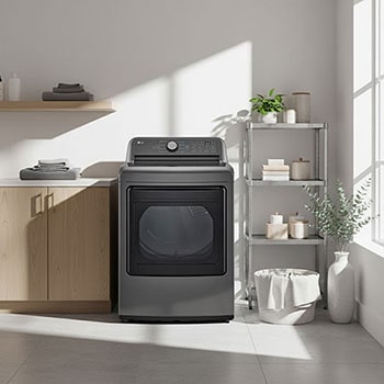 La secadora LG DT25MTGK en tono gris oscuro, instalada en un moderno y luminoso cuarto de lavado.