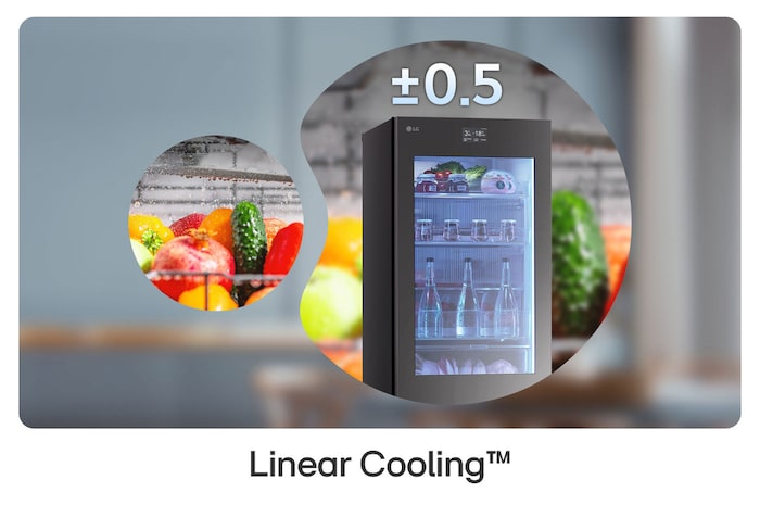 Refrigerador LG GB35BVB muestra Linear Cooling con estabilidad de $\pm$0,5 °C, lo que preserva frutas y verduras frescas por más tiempo.