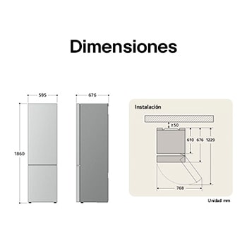 Refrigerador LG GB35BVB dibujo técnico: Al 1860, An 595, F 676 mm, con dimensiones de instalación y espacios libres.