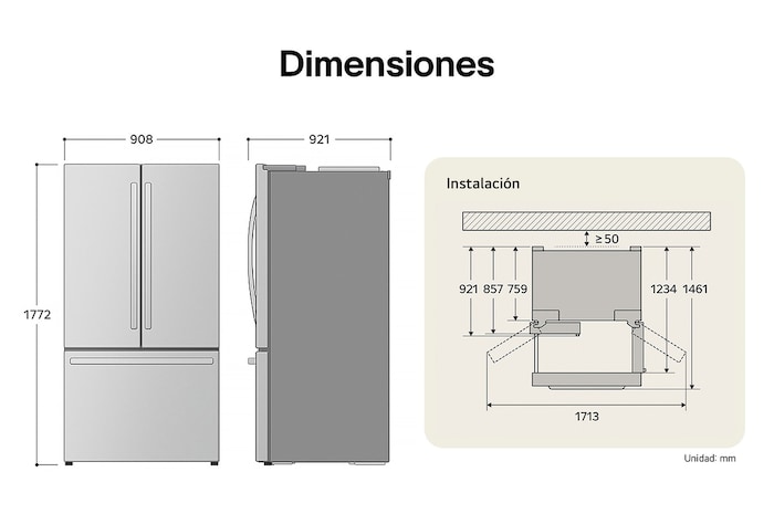 Refrigerador InstaView French Door LG GM28XID dibujo técnico: medidas (Al 1772, An 908, F 921 mm), incluyendo dimensiones de instalación y $\ge$50 mm de separación de pared.