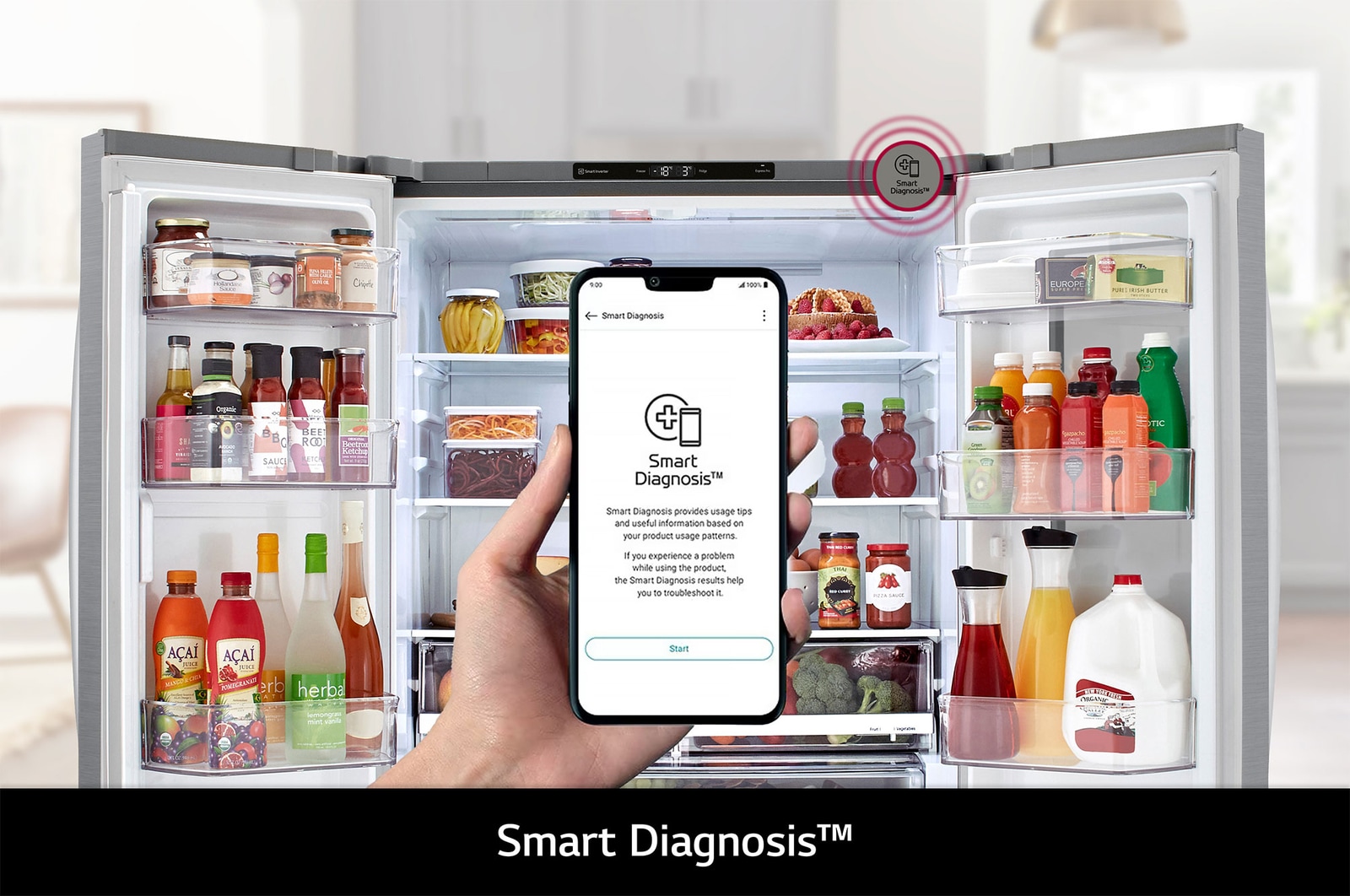 Refrigerador LG GM39BVP con App LG ThinQ en smartphone, permitiendo al usuario controlar y monitorear la temperatura y funciones del refrigerador de forma remota.