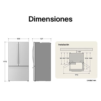 Refrigerador InstaView French Door LG GM39BVP dibujo técnico: medidas (Al 1772, An 908, F 921 mm), incluyendo dimensiones de instalación y $\ge$50 mm de separación de pared.