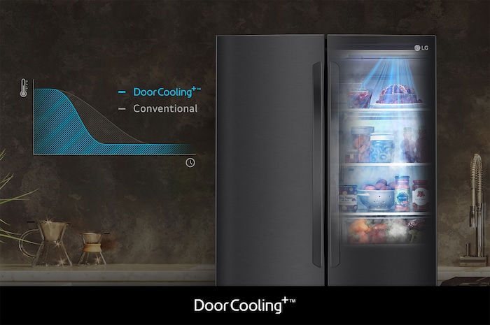 Refrigerador French Door LG GM39BT con DoorCooling+: gráfico y efecto visual que demuestran un enfriamiento más rápido y uniforme, especialmente en la puerta.