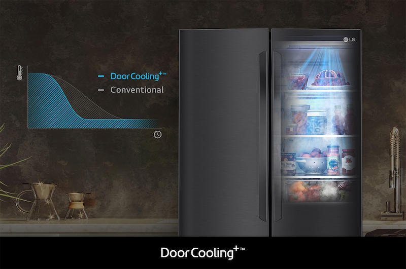 Refrigerador French Door LG GM39BT con DoorCooling+: gráfico y efecto visual que demuestran un enfriamiento más rápido y uniforme, especialmente en la puerta.