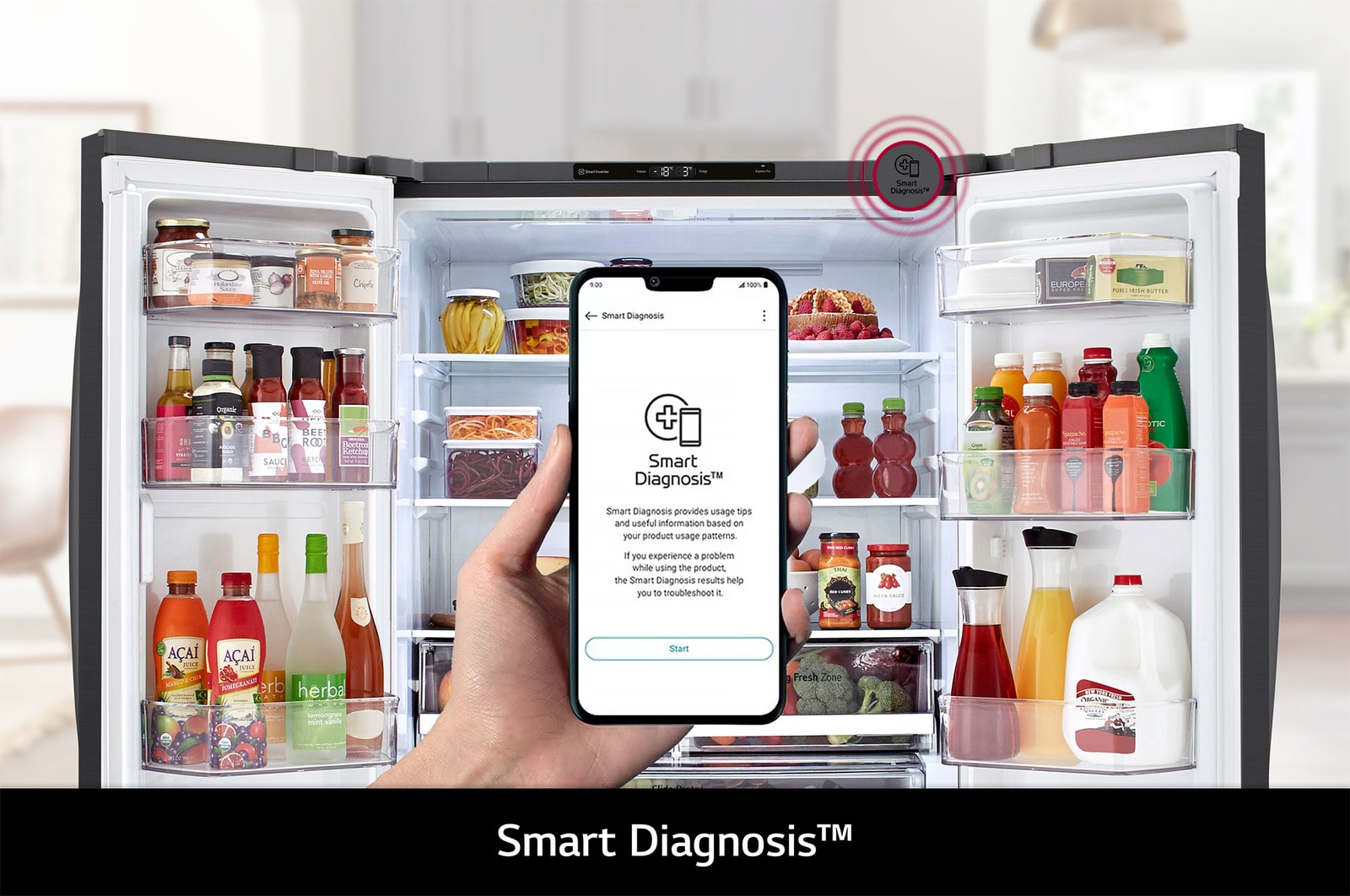 Refrigerador French Door LG GM39BT con App Smart Diagnosis en smartphone, permitiendo al usuario diagnosticar y solucionar problemas del refrigerador de forma rápida.