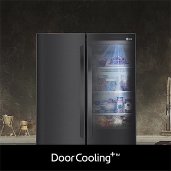 Refrigerador French Door LG GM39BT con DoorCooling+: gráfico y efecto visual que demuestran un enfriamiento más rápido y uniforme, especialmente en la puerta.