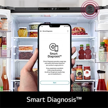 Refrigerador French Door LG GM39BT con App Smart Diagnosis en smartphone, permitiendo al usuario diagnosticar y solucionar problemas del refrigerador de forma rápida.