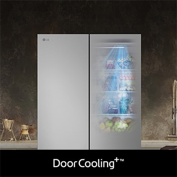 Refrigerador French Door LG GM90BP con DoorCooling+: gráfico y efecto visual que demuestran un enfriamiento más rápido y uniforme, especialmente en la puerta.