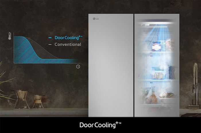 Refrigerador French Door LG GM90BIP con DoorCooling+: gráfico y efecto visual que demuestran un enfriamiento más rápido y uniforme, especialmente en la puerta.