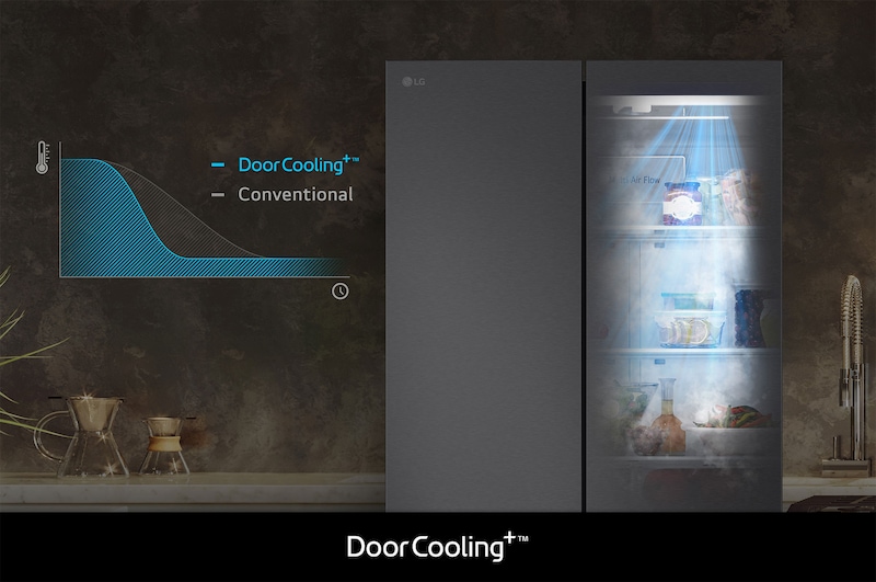 Refrigerador French Door LG GM25BPT con DoorCooling+: gráfico y efecto visual que demuestran un enfriamiento más rápido y uniforme, especialmente en la puerta.