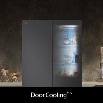 Refrigerador French Door LG GM25BPT con DoorCooling+: gráfico y efecto visual que demuestran un enfriamiento más rápido y uniforme, especialmente en la puerta.