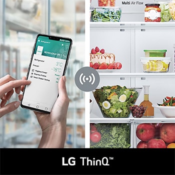 Refrigerador French Door LG GM25BPT con App LG ThinQ en smartphone, permitiendo al usuario controlar y monitorear la temperatura y funciones del refrigerador de forma remota.