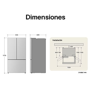 Refrigerador French Door LG GM65BPP dibujo técnico: medidas (Al 1776, An 836, F 849 mm), incluyendo dimensiones de instalación y $\ge$50 mm de separación de pared.
