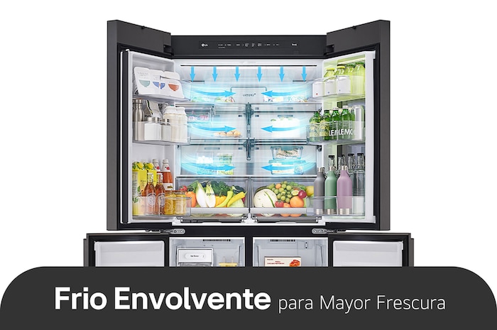 Interior abierto del Refrigerador MoodUP™ LG GM92BVM negro, con flechas que demuestran la refrigeración uniforme y rápida de la tecnología Surrounding Cooling.