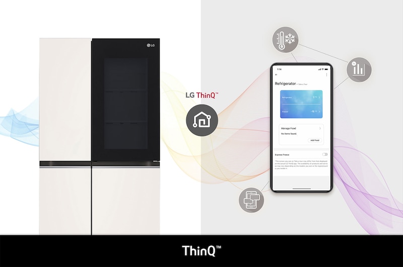 Refrigerador Side-by-Side LG VS23BQB y App LG ThinQ™: un smartphone muestra la aplicación que permite el control y monitoreo remoto de la temperatura y funciones del refrigerador.