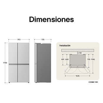 Refrigerador InstaView Side-by-Side LG VS23BQB dibujo técnico: medidas (Al 1790, An 913, F 735 mm), incluyendo dimensiones de instalación y $\ge$50 mm de separación de pared.