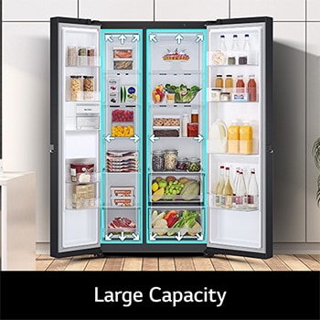 Refrigerador Side-by-Side LG VS28BT Negro Mate destacando su Gran Capacidad: puertas abiertas con compartimentos de refrigerador y congelador bien organizados.