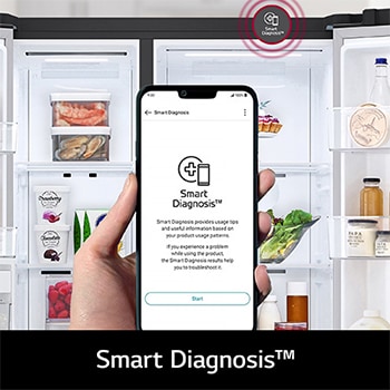 Refrigerador Side-by-Side LG VS28BT con App Smart Diagnosis en smartphone, permitiendo al usuario diagnosticar y solucionar problemas del refrigerador de forma rápida.
