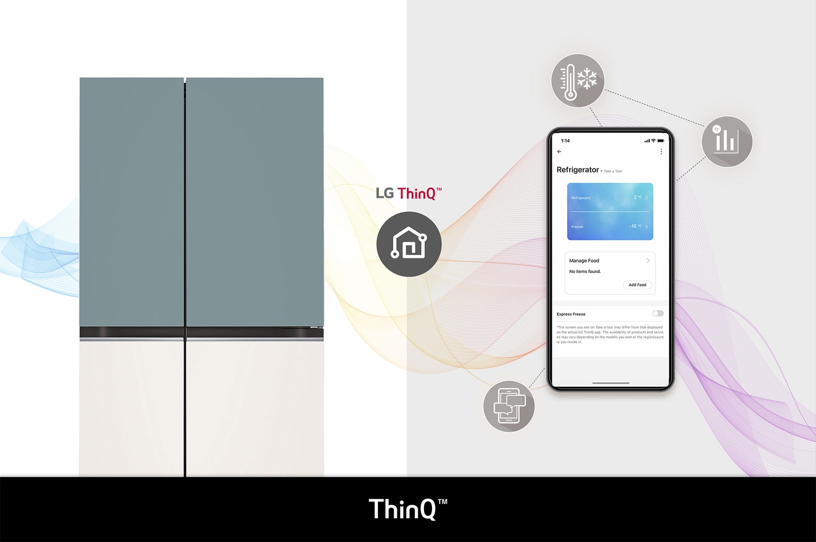 Refrigerador MoodUP Side-by-Side LG VS30BTE y App LG ThinQ™: un smartphone muestra la aplicación para el control remoto y monitoreo de la temperatura y colores MoodUP™. (Menta/Beige)