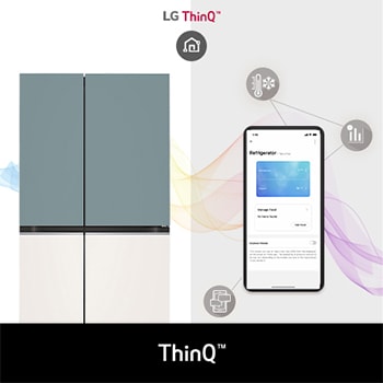 Refrigerador MoodUP Side-by-Side LG VS30BTE y App LG ThinQ™: un smartphone muestra la aplicación para el control remoto y monitoreo de la temperatura y colores MoodUP™. (Menta/Beige)