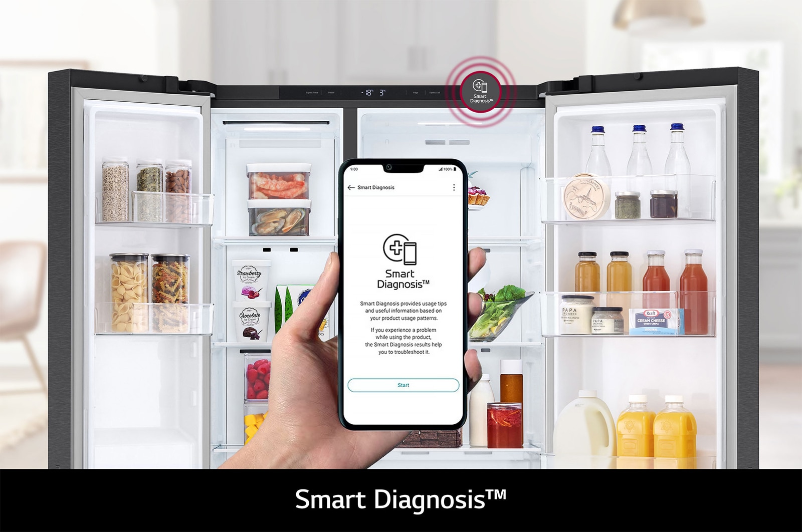 Refrigerador Side-by-Side LG VS23BEP con App Smart Diagnosis en smartphone, permitiendo al usuario diagnosticar y solucionar problemas del refrigerador de forma rápida.
