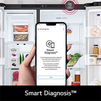 Refrigerador Side-by-Side LG VS23BEP con App Smart Diagnosis en smartphone, permitiendo al usuario diagnosticar y solucionar problemas del refrigerador de forma rápida.