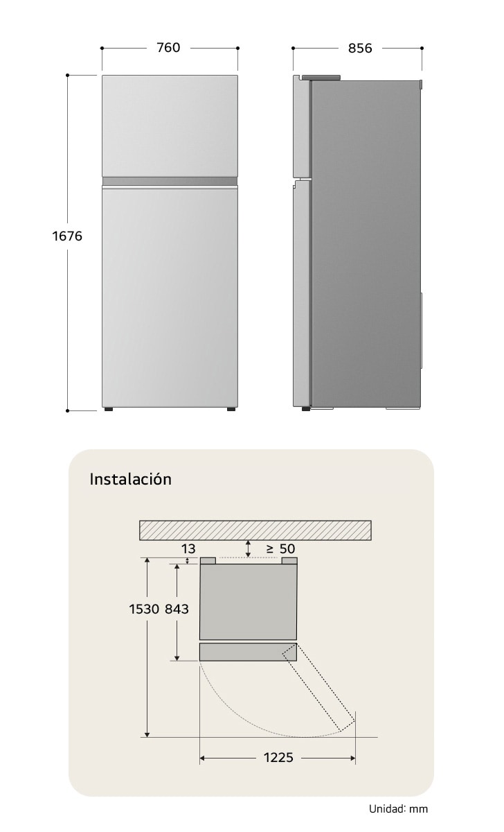 Refrigerador Top-Freezer LG dibujo técnico: medidas (Al 1676, An 760, F 856 mm), incluyendo dimensiones de instalación y $\ge$50 mm de separación de pared.