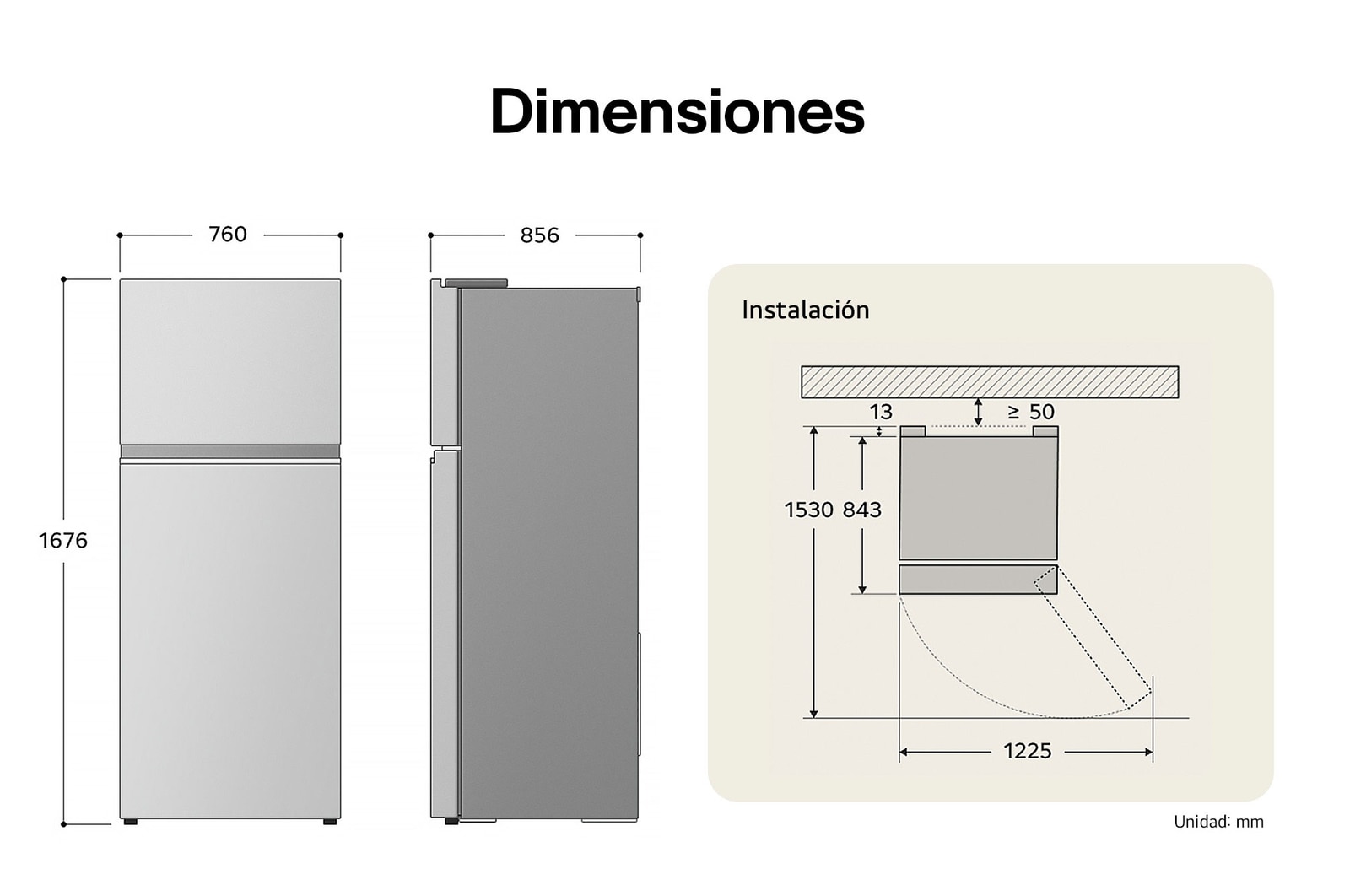 Refrigerador Top-Freezer LG dibujo técnico: medidas (Al 1676, An 760, F 856 mm), incluyendo dimensiones de instalación y $\ge$50 mm de separación de pared.