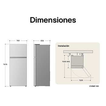 Refrigerador Top-Freezer LG dibujo técnico: medidas (Al 1676, An 760, F 856 mm), incluyendo dimensiones de instalación y $\ge$50 mm de separación de pared.