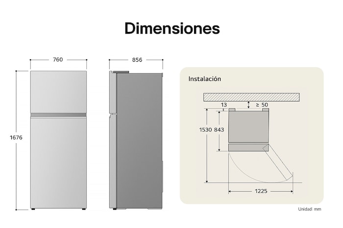 Refrigerador Top-Freezer LG dibujo técnico: medidas (Al 1676, An 760, F 856 mm), incluyendo dimensiones de instalación y $\ge$50 mm de separación de pared.