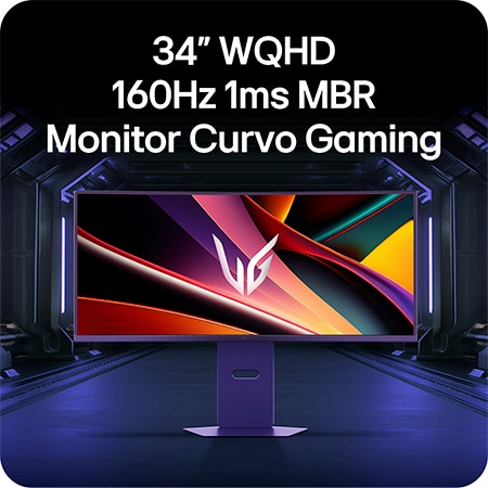 Monitor Curvo para Juegos LG UltraGear 34G600A con especificaciones 34 pulgadas WQHD 160 Hz y 1 ms MBR, presentado en un entorno de juego futurista.