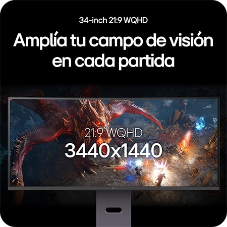 Monitor LG UltraGear 34G600A que ofrece una vista de juego ampliada con su pantalla 21:9 WQHD de 34 pulgadas (resolución 3440 x 1440).