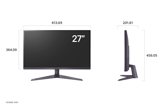 Monitor LG UltraGear 27GS50F mostrando las dimensiones en vista frontal y lateral, midiendo 613.69 mm de ancho, 364.09 mm de alto de pantalla, 456.05 mm de altura total y 201.61 mm de profundidad.