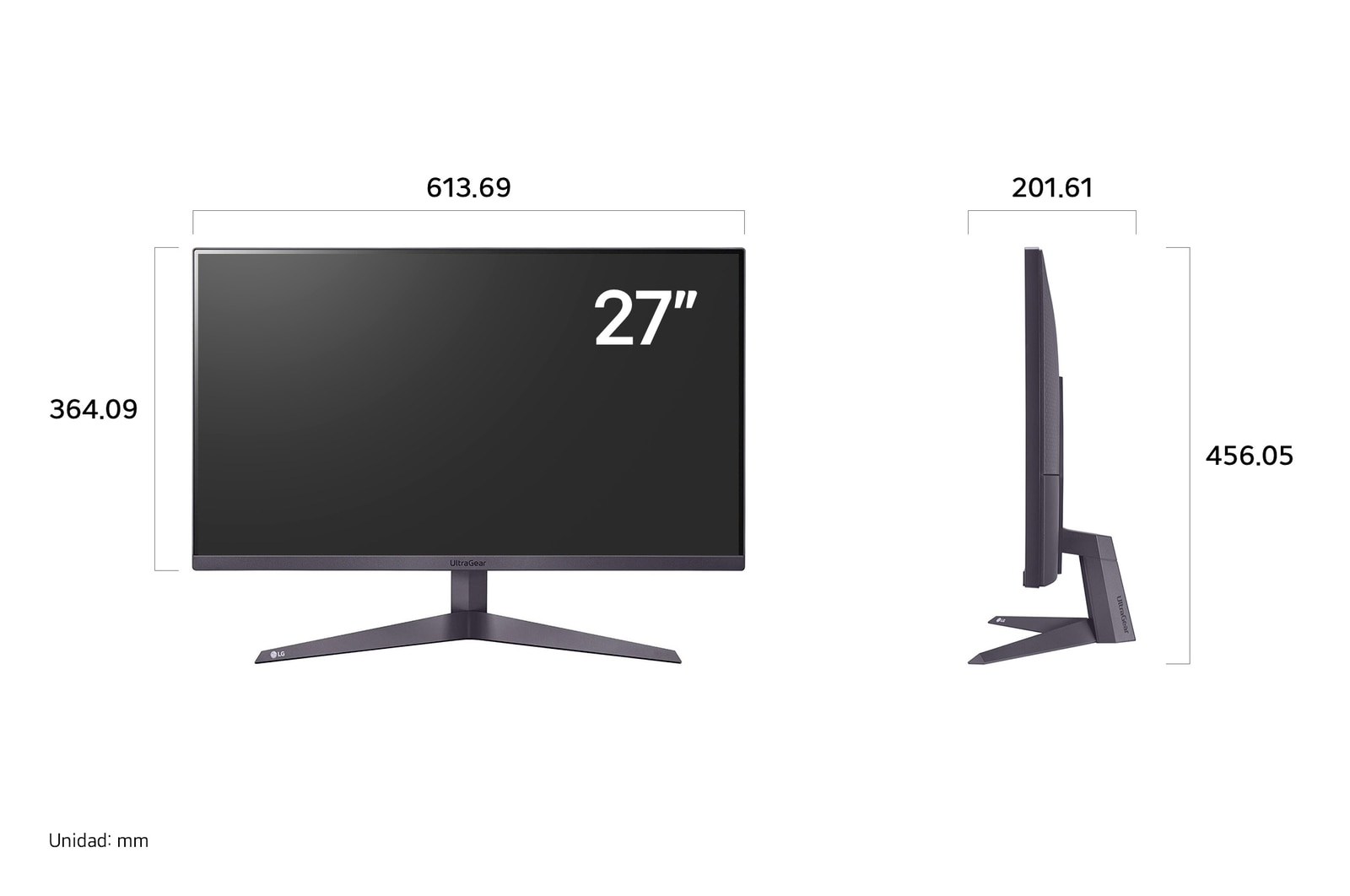 Monitor LG UltraGear 27GS50F mostrando las dimensiones en vista frontal y lateral, midiendo 613.69 mm de ancho, 364.09 mm de alto de pantalla, 456.05 mm de altura total y 201.61 mm de profundidad.