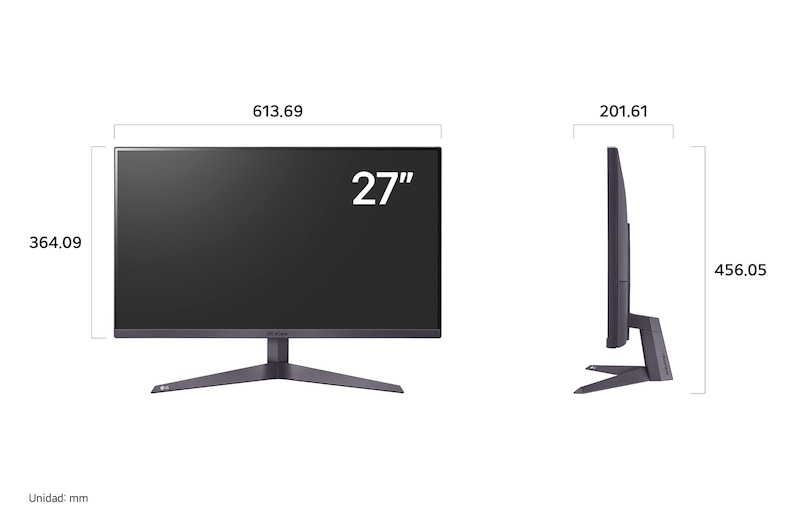 Monitor LG UltraGear 27GS50F mostrando las dimensiones en vista frontal y lateral, midiendo 613.69 mm de ancho, 364.09 mm de alto de pantalla, 456.05 mm de altura total y 201.61 mm de profundidad.