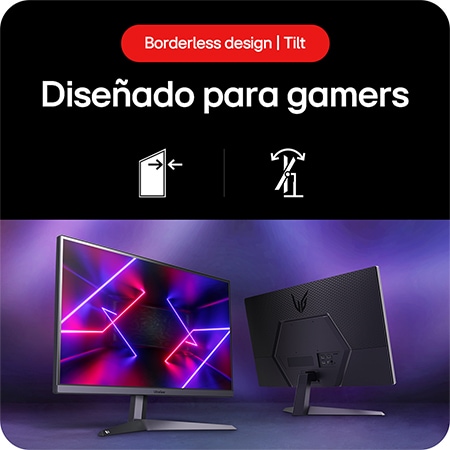 Monitor Gaming LG UltraGear 27GS50F, que destaca el diseño sin bordes y la función de inclinación (Tilt) del soporte, diseñado para gamers.