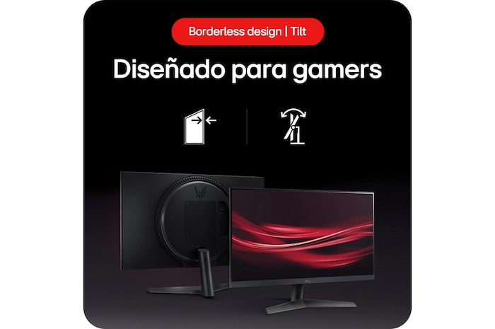 Monitor Gaming LG UltraGear 24GS60F, que destaca el diseño sin bordes y la función de inclinación (Tilt) del soporte, diseñado para gamers.
