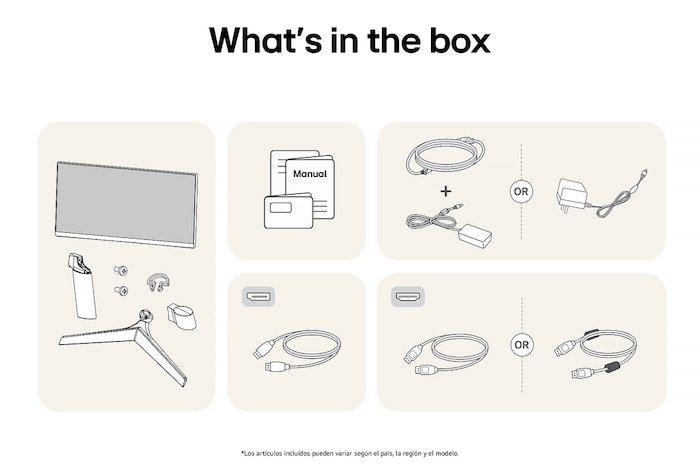 Imagen de los accesorios incluidos con el Monitor LG UltraGear 27GS60F, detalhando el manual, adaptador de corriente CA y las opções de cable HDMI o DisplayPort incluido.