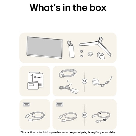 Imagen de los accesorios incluidos con el Monitor LG UltraGear 27GS60F, detalhando el manual, adaptador de corriente CA y las opções de cable HDMI o DisplayPort incluido.
