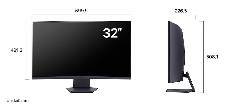 Monitor LG UltraGear 32GS60QC mostrando las dimensiones en vista frontal y lateral, midiendo 699.9 mm de ancho, 421.2 mm de alto de pantalla, 508.1 mm de altura total y 226.5 mm de profundidad.