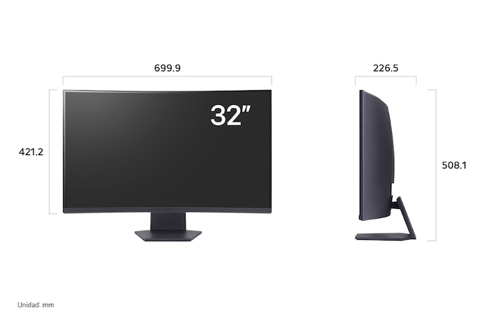 Monitor LG UltraGear 32GS60QC mostrando las dimensiones en vista frontal y lateral, midiendo 699.9 mm de ancho, 421.2 mm de alto de pantalla, 508.1 mm de altura total y 226.5 mm de profundidad.